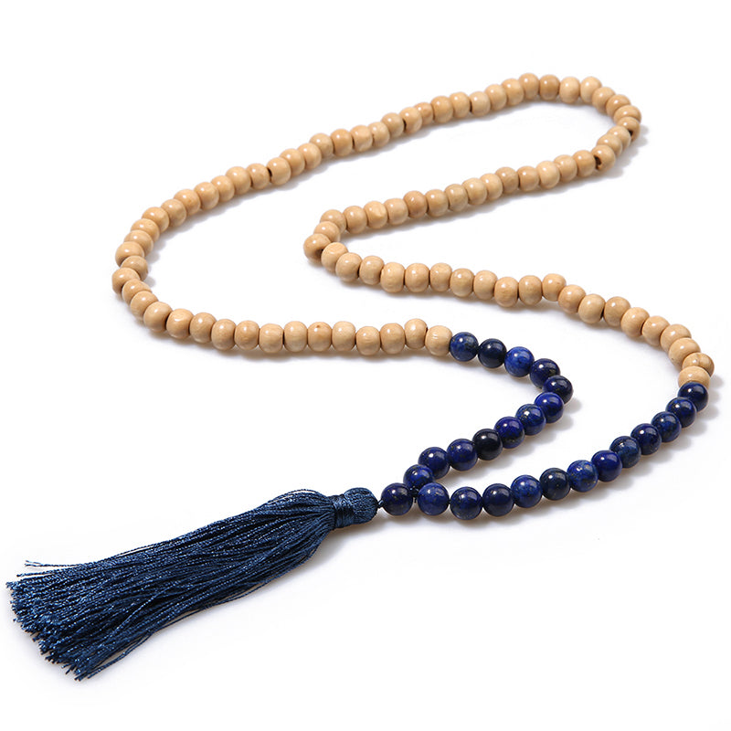 Boho Tribal Long Wooden Bead & Natural Stone Necklace – Handmade Tassel Design | Urban Loft