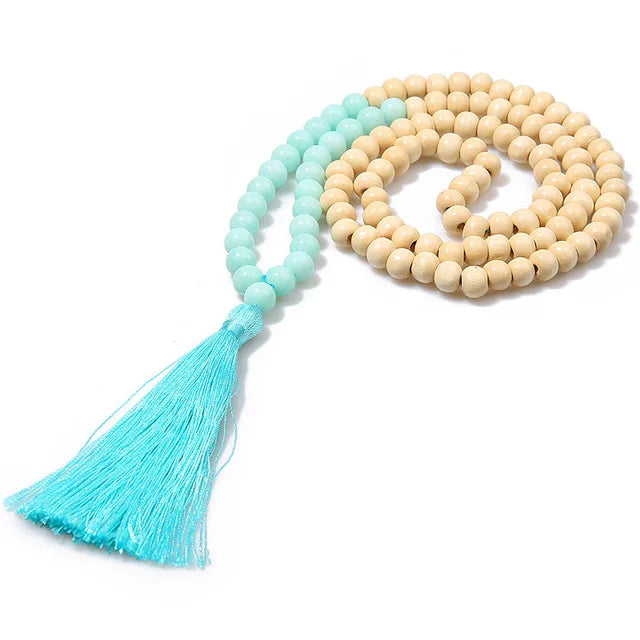 Boho Tribal Long Wooden Bead & Natural Stone Necklace – Handmade Tassel Design | Urban Loft