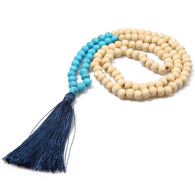 Boho Tribal Long Wooden Bead & Natural Stone Necklace – Handmade Tassel Design | Urban Loft