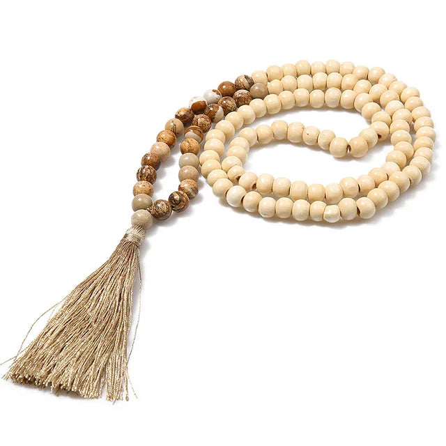 Boho Tribal Long Wooden Bead & Natural Stone Necklace – Handmade Tassel Design | Urban Loft