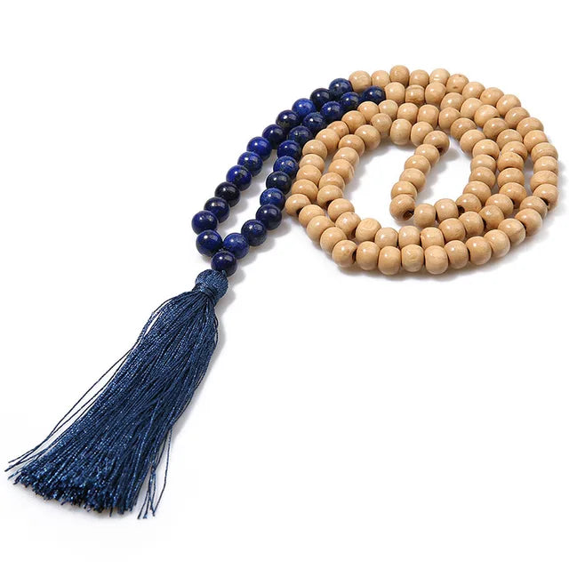 Boho Tribal Long Wooden Bead & Natural Stone Necklace – Handmade Tassel Design | Urban Loft