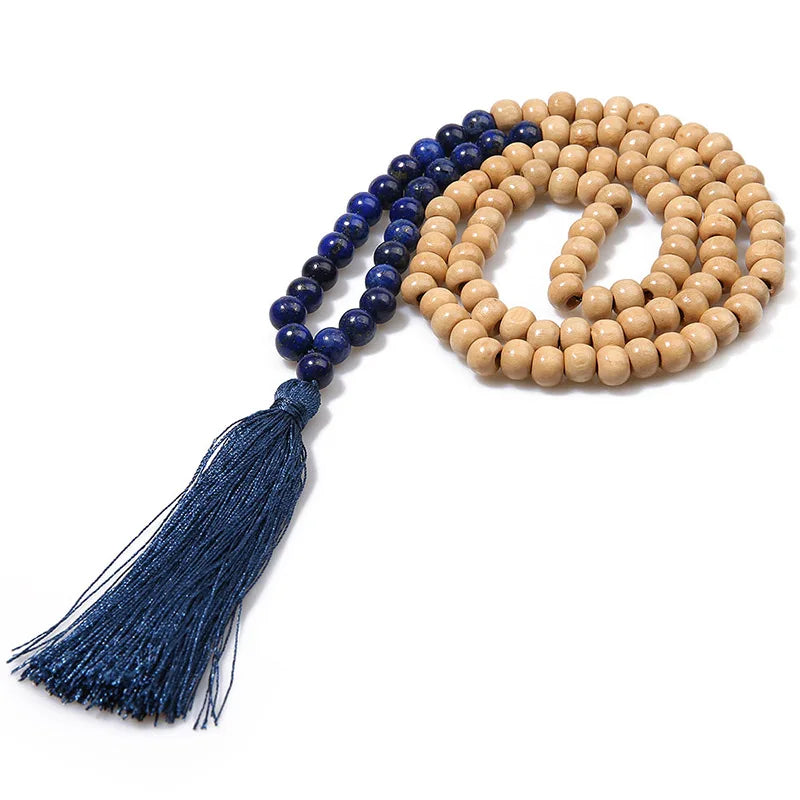 Boho Tribal Long Wooden Bead & Natural Stone Necklace – Handmade Tassel Design | Urban Loft