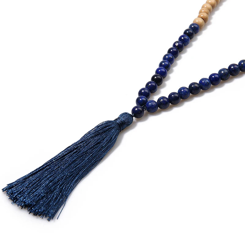 Boho Tribal Long Wooden Bead & Natural Stone Necklace – Handmade Tassel Design | Urban Loft