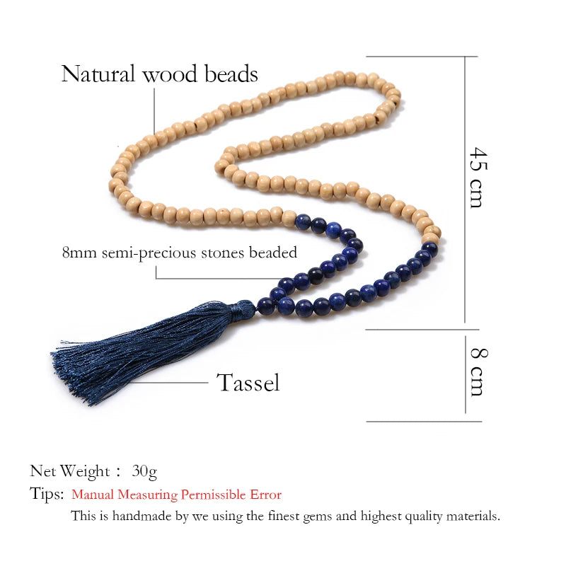 Boho Tribal Long Wooden Bead & Natural Stone Necklace – Handmade Tassel Design | Urban Loft