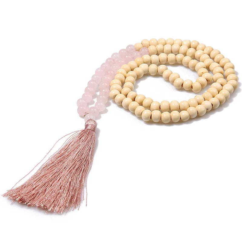 Boho Tribal Long Wooden Bead & Natural Stone Necklace – Handmade Tassel Design | Urban Loft